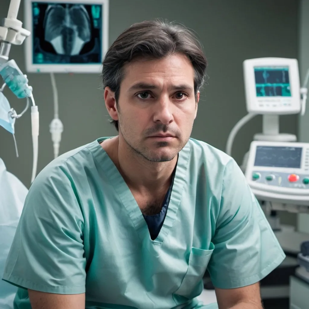 Prompt: Image of an anesthesiologist sitting in the surgical center room sad and thoughtful