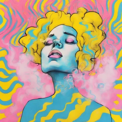 Prompt: Pop art, a woman with blue hair, pink smoke coming out of her head, a yellow background