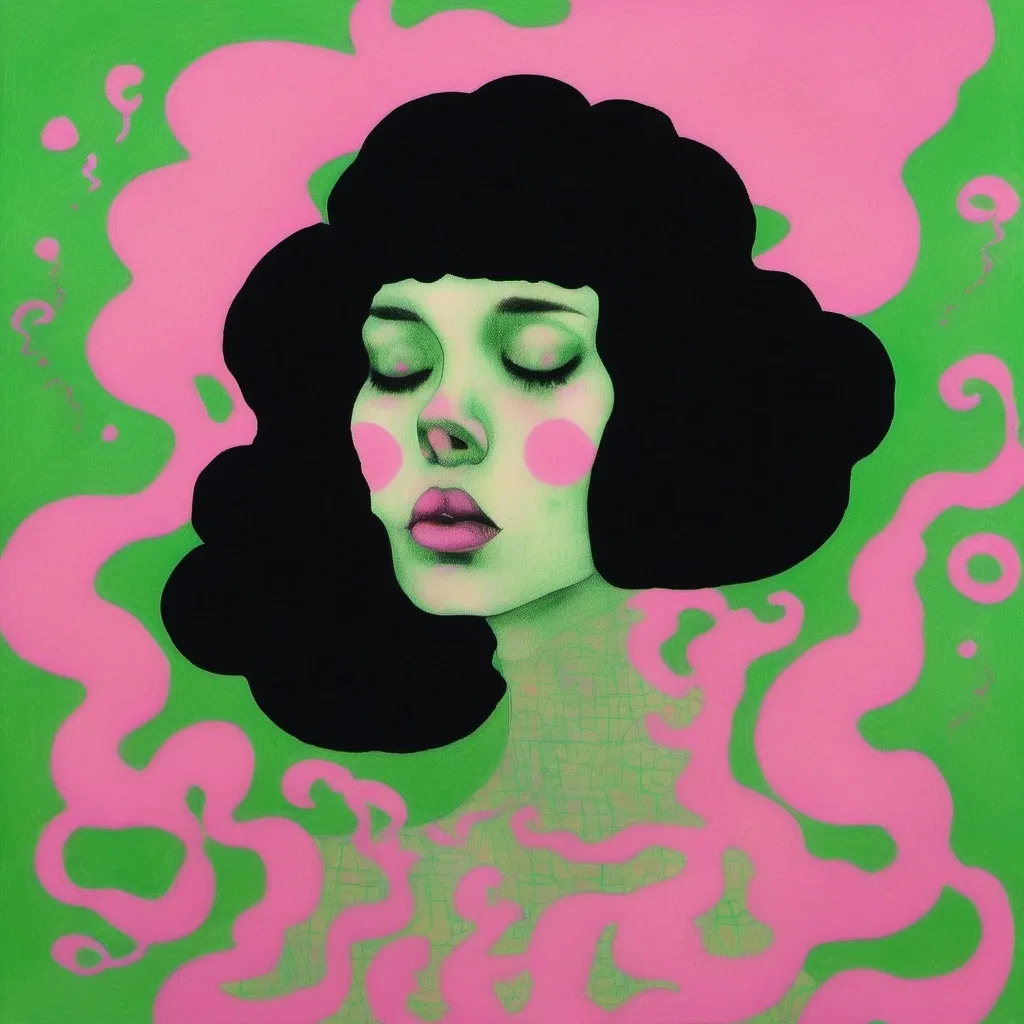 Prompt: Klimt Pop art, a woman with black  hair, pink smoke coming out of her head, a green  background