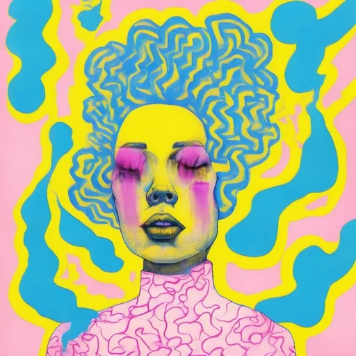 Prompt: Pop art, a woman with blue hair, pink smoke coming out of her head, a yellow background