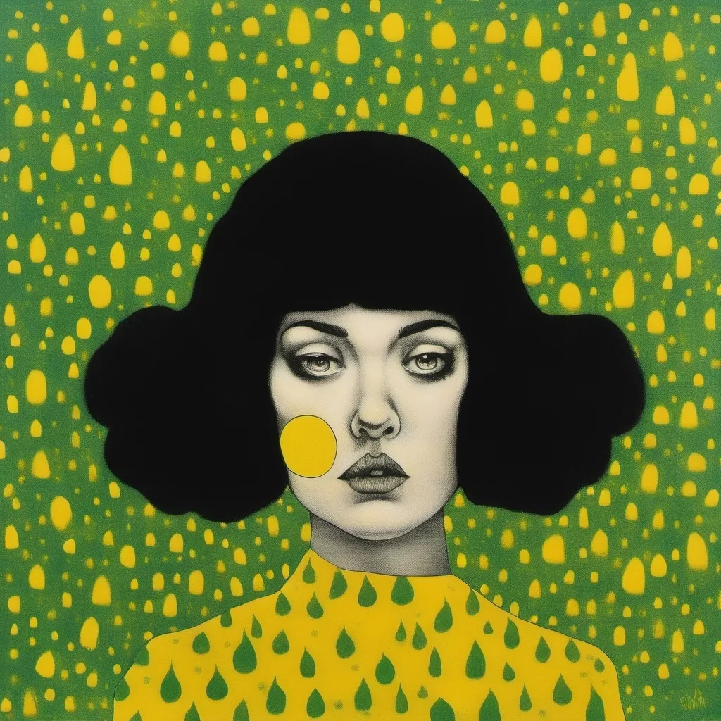 Prompt: Klimt Pop art, a woman with black   hair, Yellow smoke coming out of her head, a light punk   background indossa una pelliccia oversize a pois verde