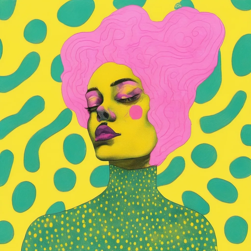 Prompt: Pop art, a woman with blue hair, pink smoke coming out of her head, a yellow background indossa una pelliccia oversize a pois verde