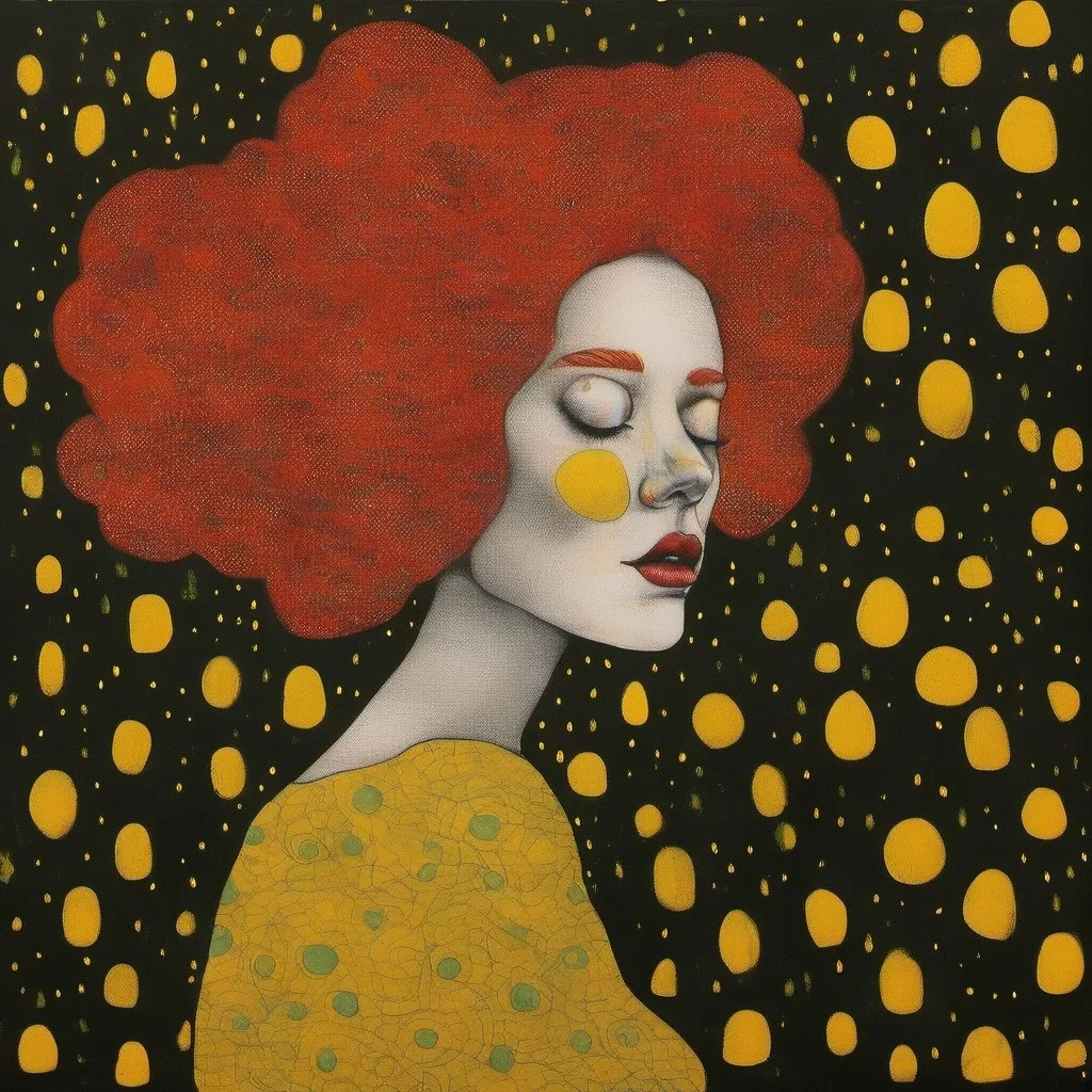 Prompt: Klimt Pop art, a woman with red  hair, Yellow smoke coming out of her head, a black  background indossa una pelliccia oversize a pois verde