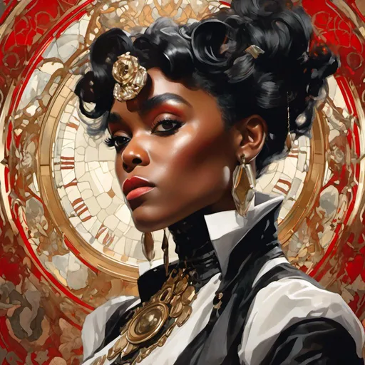 Prompt: A Janelle Monae's portrait, a stunning Alphonse Mucha's   masterpiece in  <mymodel> artstyle by Anders Zorn and Joseph Christian Leyendecker
Postive":"}  Sharp, ((((symmetrical)))), hyper-detailed, hyper-realistic, photorealistic, focused, centred, 8K resolution, HDR, UHD, balanced colourimetry {"Postive":"(((beautiful))) symmetrical female android, with strong androgynous facial features, inocent, angelical, babyface, face made and sculpted in fine porcelain with white marble, baroque aesthetics and art deco clothing.","