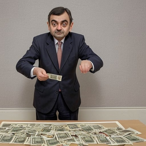 Prompt: Mr. bean counting large amount's off uk money