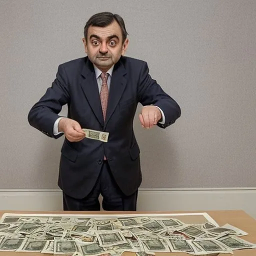 Prompt: Mr. bean counting large amount's off uk money
