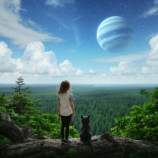 Prompt: A young girl looking at far away forest. girl wearing pants and white shirt with grey sleeves. next to her a small black alien animal friend. planet off in the sky. blue sky with clouds. view from there back as they see the vast forest.