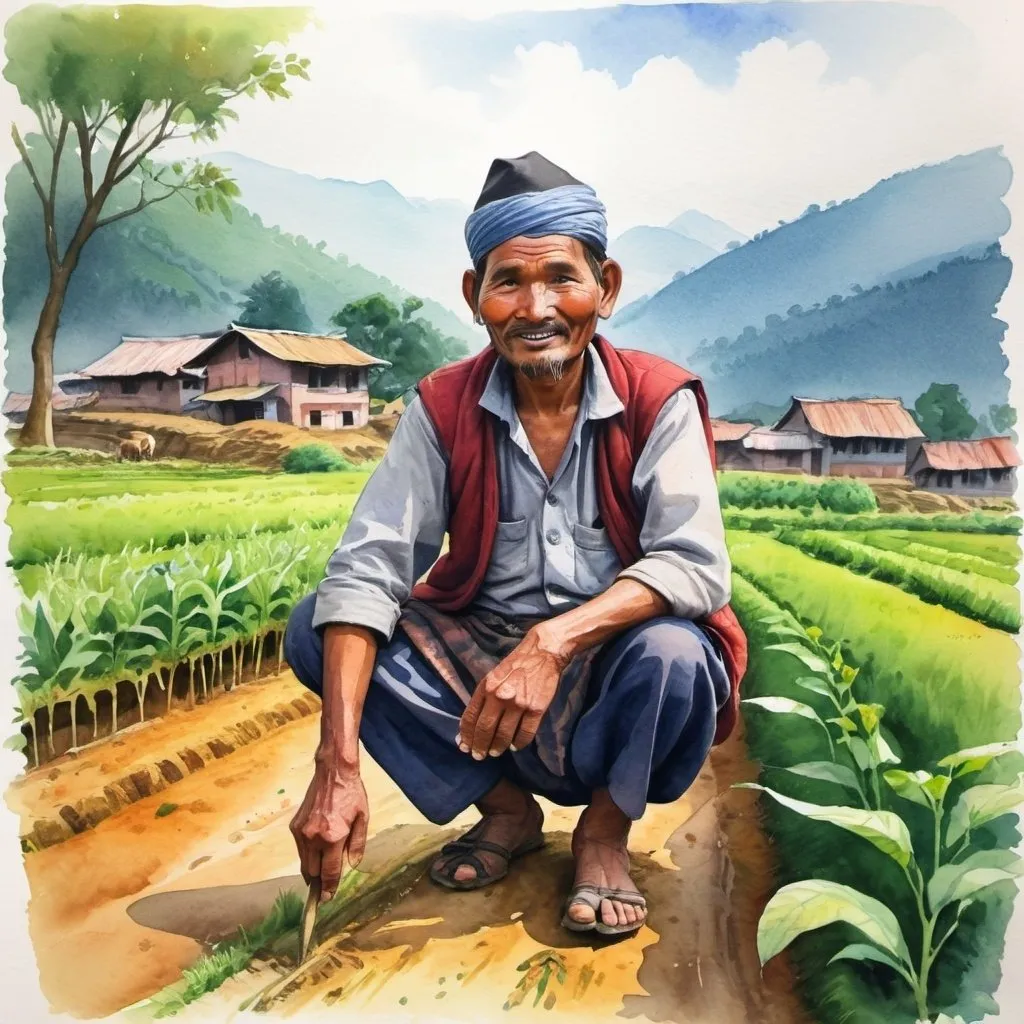 Prompt: nepali farmer watercolor art  for children's book

