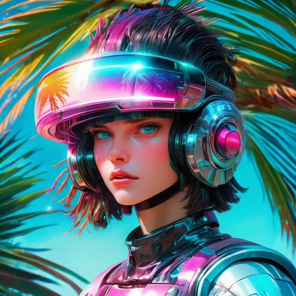 Prompt: a close up of a person wearing futuristic visors a palm tree, shiny cyberpunk colors, retrofuturism, 1980s sci-fi, game cover art, character, 4k