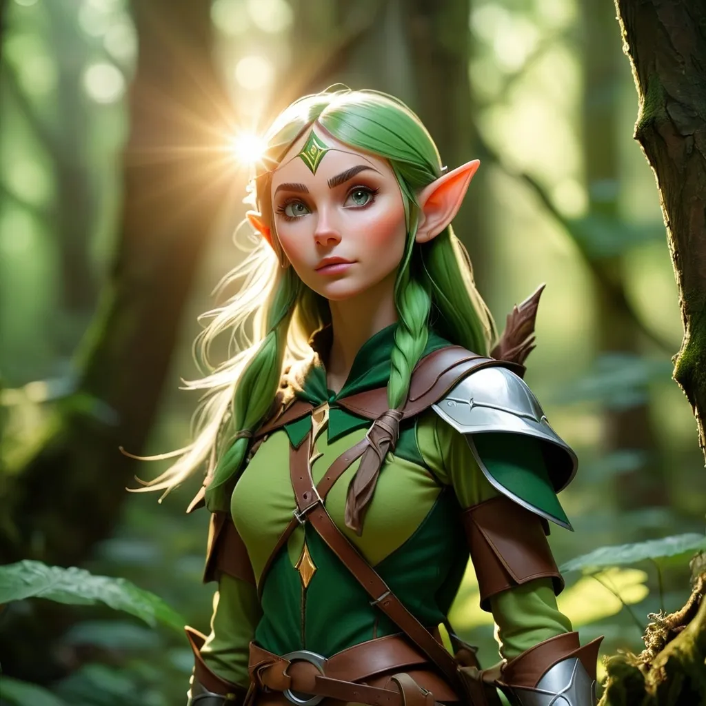 Prompt: Elf ranger in a mystical forest around sunlight