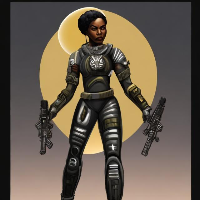 Prompt: strong black woman afrofuturism soldier