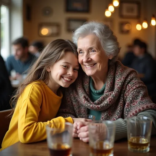 Prompt: In a cozy, warmly lit café setting, a young girl leans affectionately toward an elderly woman, their smiles radiating joy and affection. The girl, dressed in a bright yellow sweatshirt, shares a tender moment with the woman, who wraps herself in a patterned shawl that reflects warmth and care. They sit close together at a table adorned with several glass tumblers, hinting at shared drinks and conversations. The background reveals a casual atmosphere with subtle décor, including framed pictures and a hint of bustling patrons, creating a sense of intimacy and connection between the two subjects. The image captures a heartwarming narrative of familial love and companionship, illustrating the simple yet profound moments that weave relationships together.