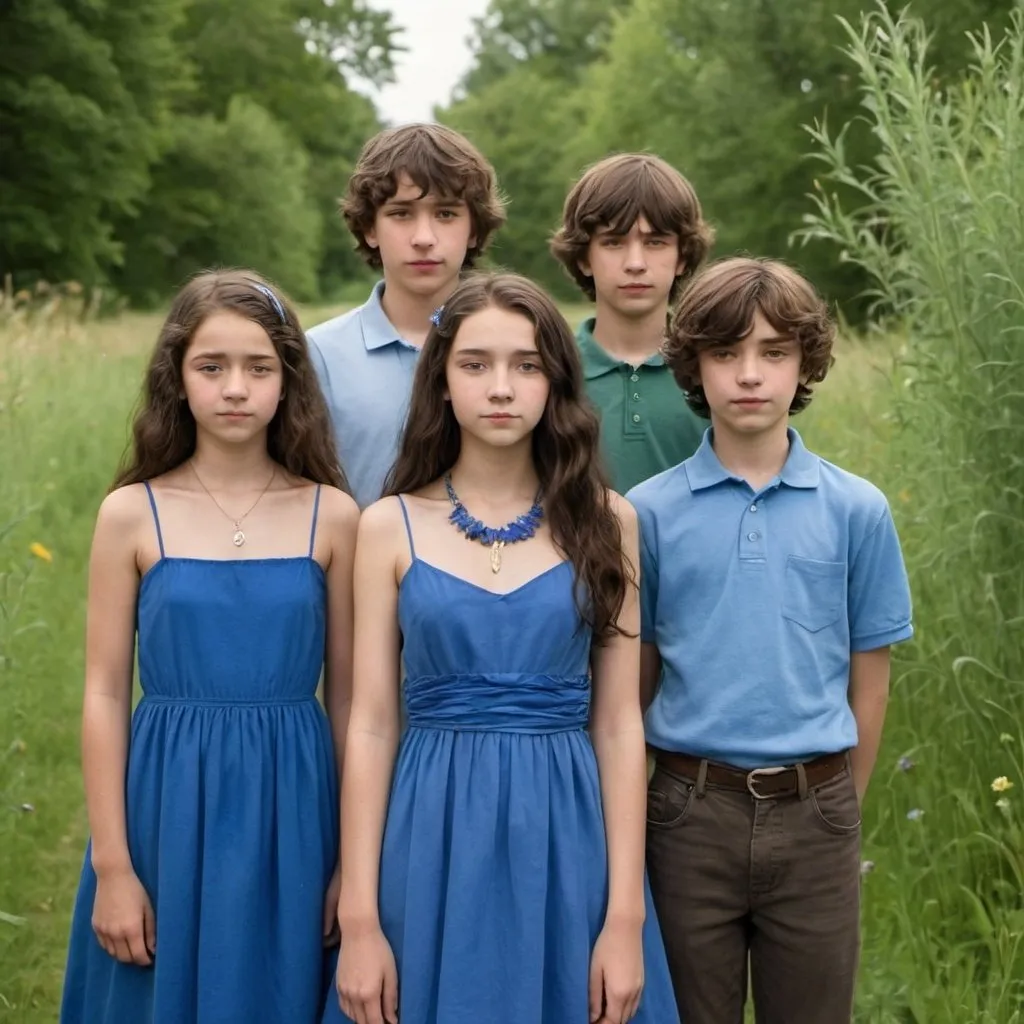 Prompt: Girl with wavy long
 dark very dark brown hair and cornflower blue yes and a dress that is cornflower blue and a necklace that is green she is also 15years old
and standing next to  her identical brother except he is older and a boy they are there with their parents 

