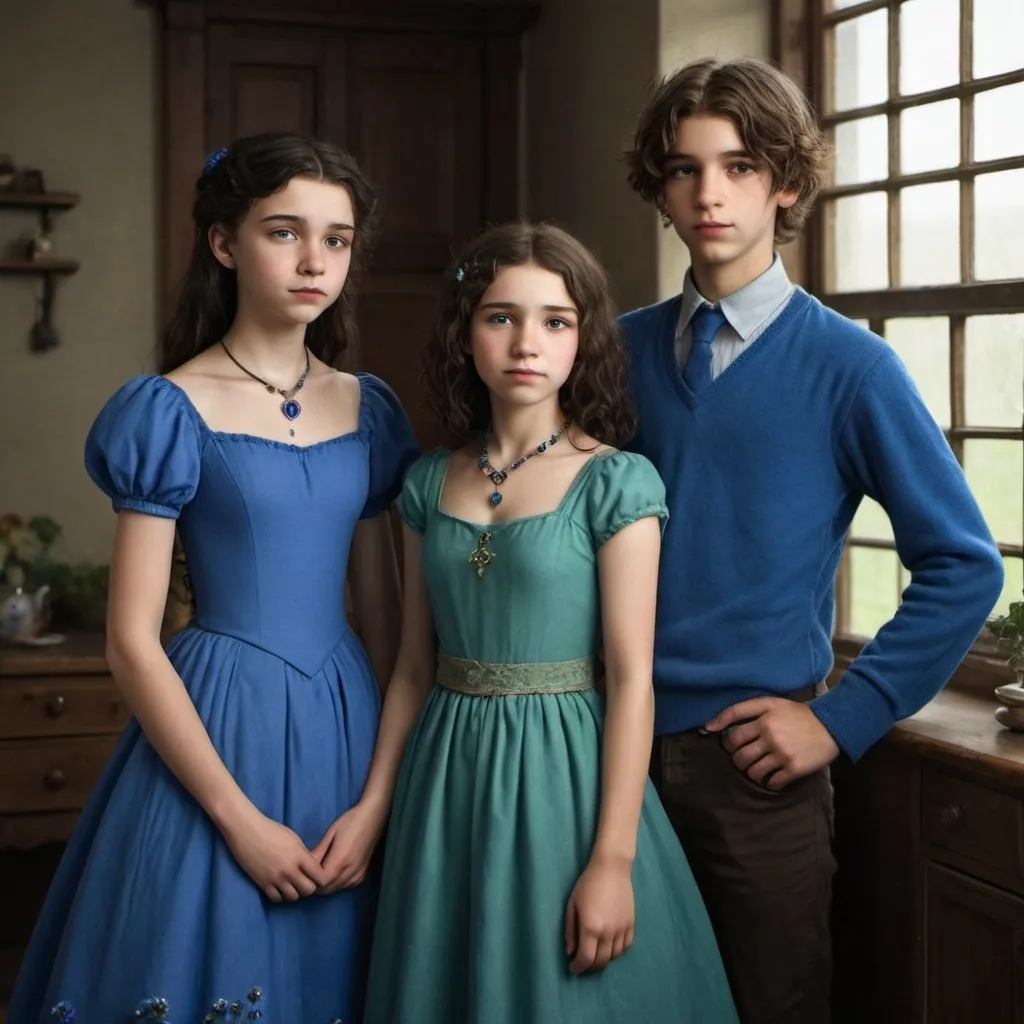 Prompt: Girl with wavh dark very dark brown hair and cornflower blue yes and a dress that is cornflower blue and a necklace that is green she is also 15years old
and standing next to  her identical brother except he is older and a boy 

