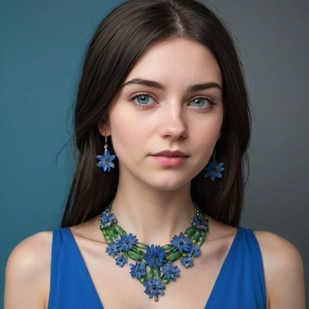 Prompt: Girl with straight dark very dark brown hair and cornflower blue yes and a dress that is cornflower blue and a necklace that is green

