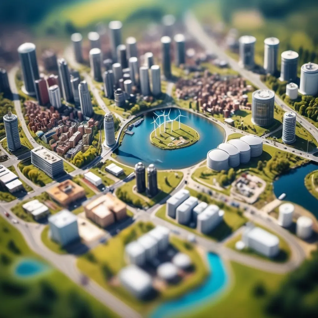 Prompt: aerial view, tilt-shift, isometric miniature world, MATERIALS FOR LOW-CARBON POWER
