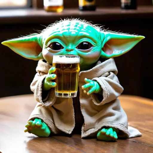 Prompt: baby Yoda drinking a beer