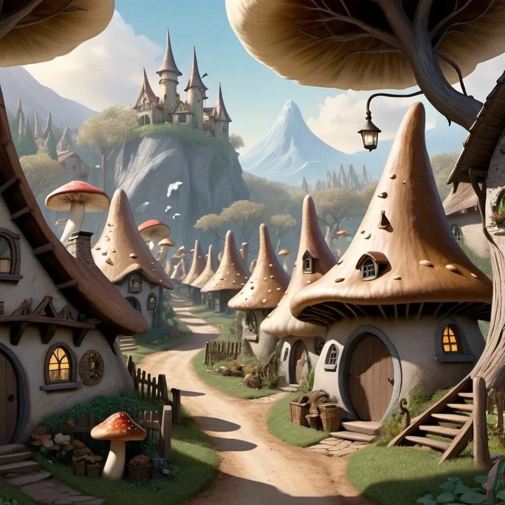 Prompt: book illustration, drawing lines are visible, fantasy. a town in the forest like pixie hollow in tinker bell.
 mushroom houses, the houses are many colors of mushrooms. there is agriculture hanging in the trees, and many tree farms. people around are working on thier gardens.
 clothes are like what hobbits wear in tolkien. 



