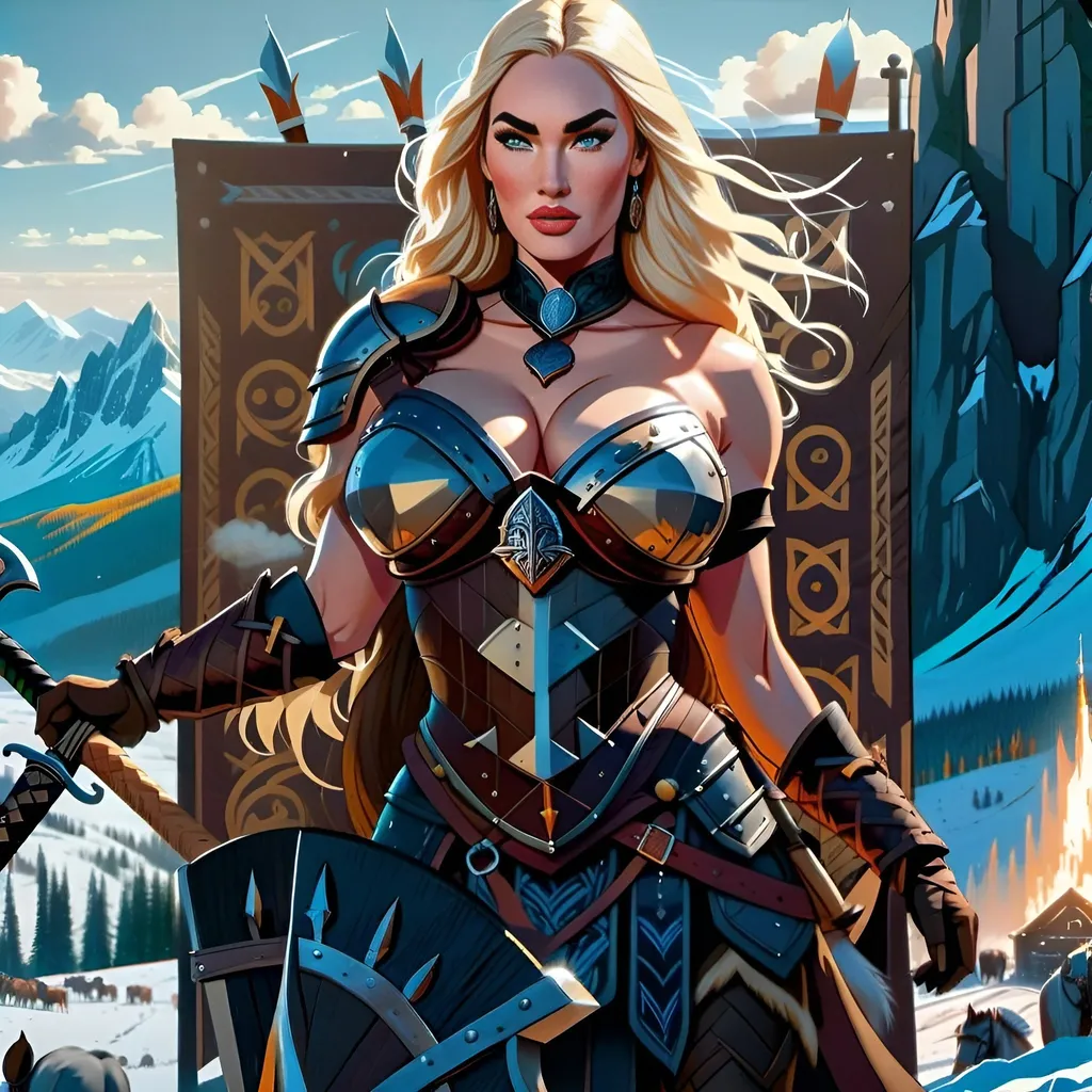 Prompt: Painting of (dark brown skin:1.2), (muscular and thick:1.3), (45 years old blonde hair Megan Fox:1.4) as a medieval viking warrior wearing skimpy and slutty armor with viking helmet, sky background, alluring face, fantasy manga art, perfect face, high resolution, Best Quality, Masterpiece, natural light, insanely detailed, 8k resolution, fantasy art, detailed painting, bokeh, hyper realism, beautiful detailed intricate, insanely detailed, award-winning photograph, soft impressionist perfect composition