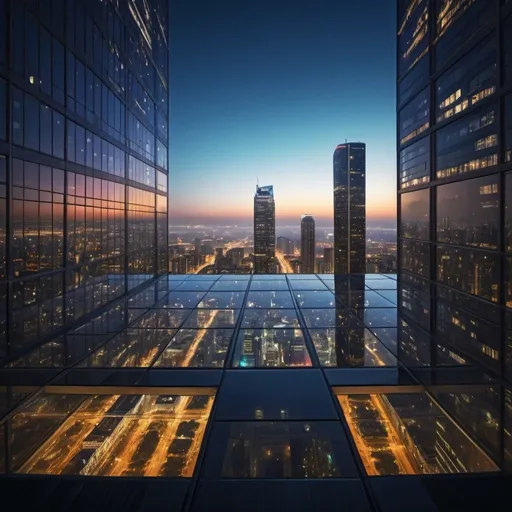 Prompt: Realistic cityscape photo from 40-story skyscraper, night shot, vibrant city lights, high quality, detailed buildings, urban landscape, atmospheric lighting