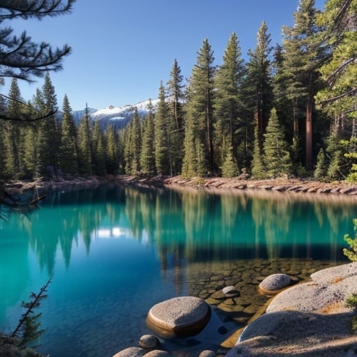 Prompt: Realistic photo, Canadian landscape, dense pine forests, clear blue lake, realistic details, high resolution, 4K, traditional, natural lighting, realistic colors, serene atmosphere