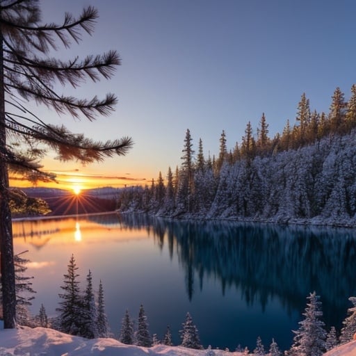 Prompt: Realistic photo, Canadian landscape, dense pine forests, sunset, clear blue lake, realistic details, high resolution, 4K, traditional, natural lighting, realistic colors, serene atmosphere