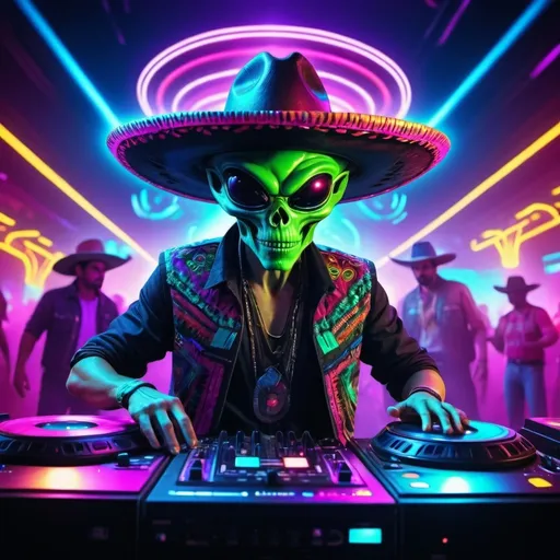 Prompt: ALIENS DJ WITH COWBOY HAT WITH MEXICAN CLOTHES