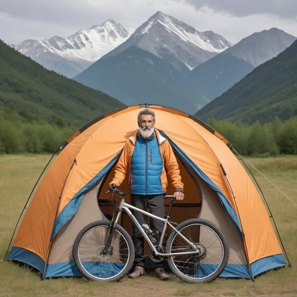 Prompt: Generate an image of a person of 51 years old, 1,93 meters tall with no beard . He has a family of a wife and three children, ages 15, 12, and 12 and are posing in a camping tent with mountains in the back and mountain bicycle on the side