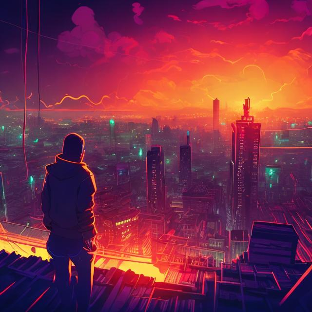 Prompt: A person on top of a roof looking down with his back turned from the camera neon art style on top of a city
