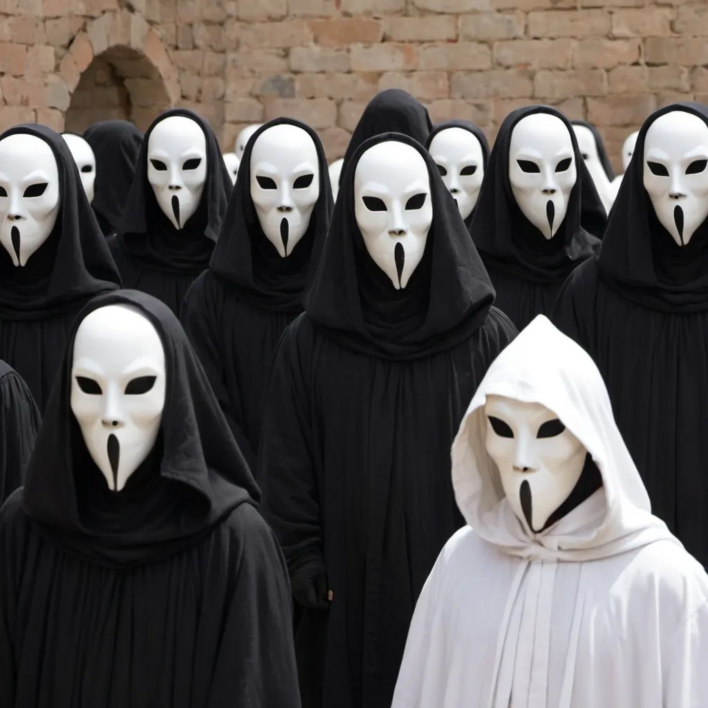 Prompt: a corrdiro with many people in black robes with black hoods, their faces covered with white ghost-like masks 