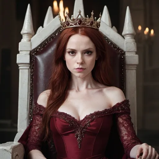 Prompt: Woman, fae, sharp faced, mean, evil, light brown eyes, dark red hair, pale skin, dark red dress, throne, queen