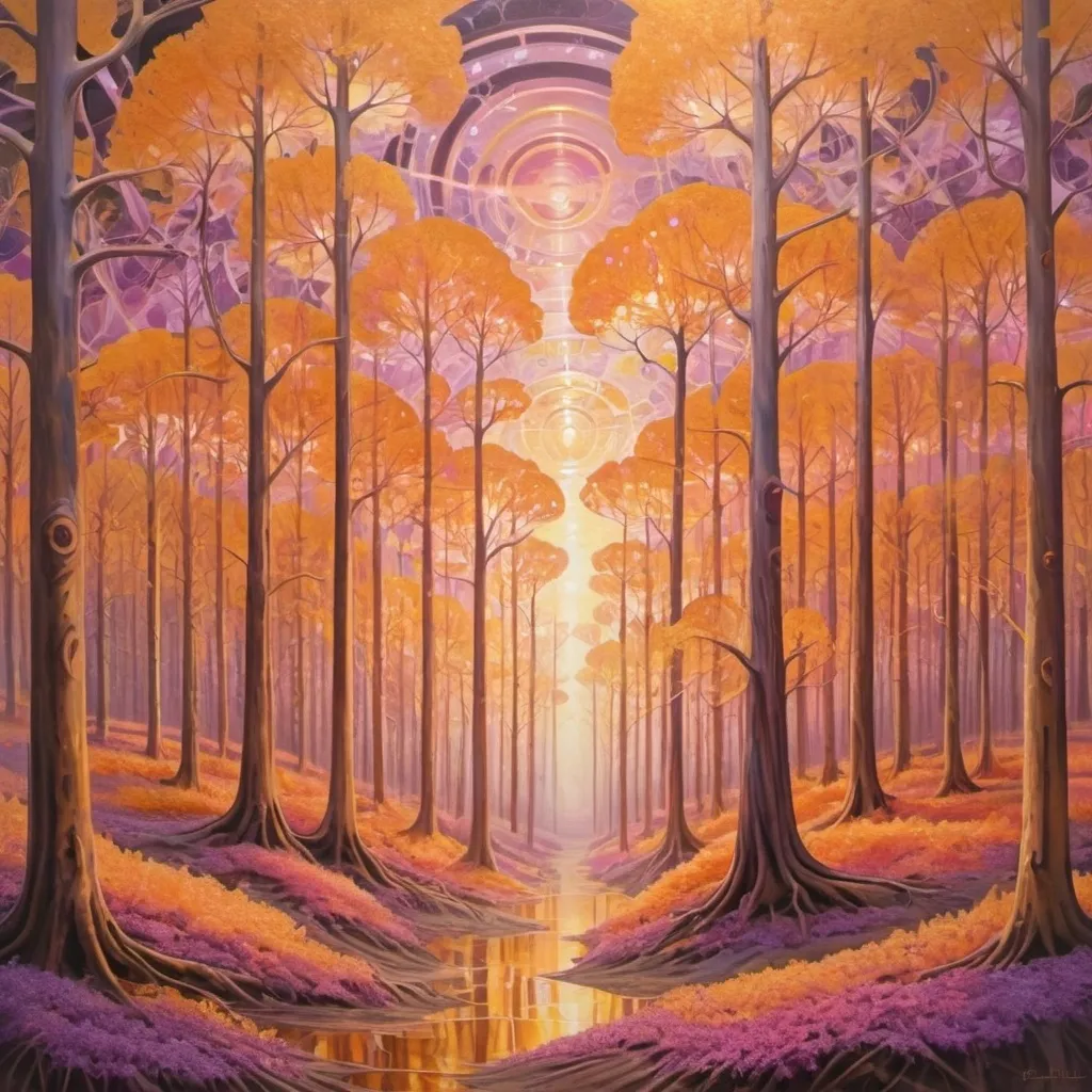 Prompt:  a landscape miles wide, surreal. painted in shades of gold and amber. The trees transparent, trunks spiraling upward, glowing with an inner light that pulsed gently,  Their leaves refracted the light from the sun, splintering it into a kaleidoscope of colors: oranges, pinks, and purples


