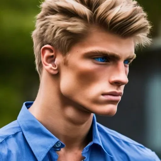 Prompt: Male with dusty blond hair and blue eyes, muscular, nice jawline, 19 years old and a grey shirt and a colored image, relaistic
