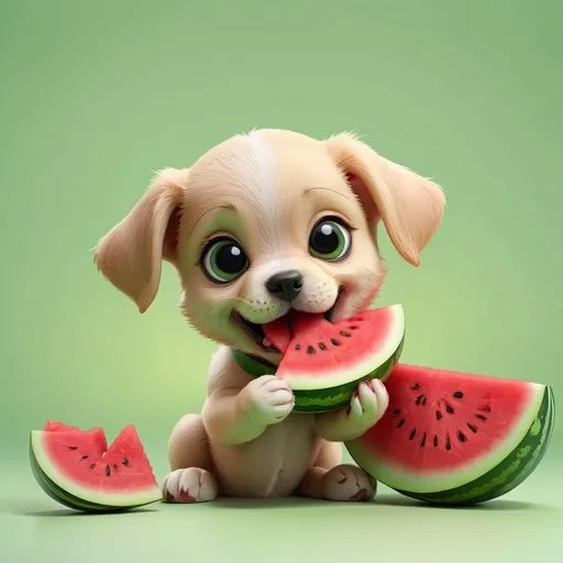 Prompt: Cute baby puppy chewing on a slice of watermelon. Background should be light greenish. Should be created in a fantasy way