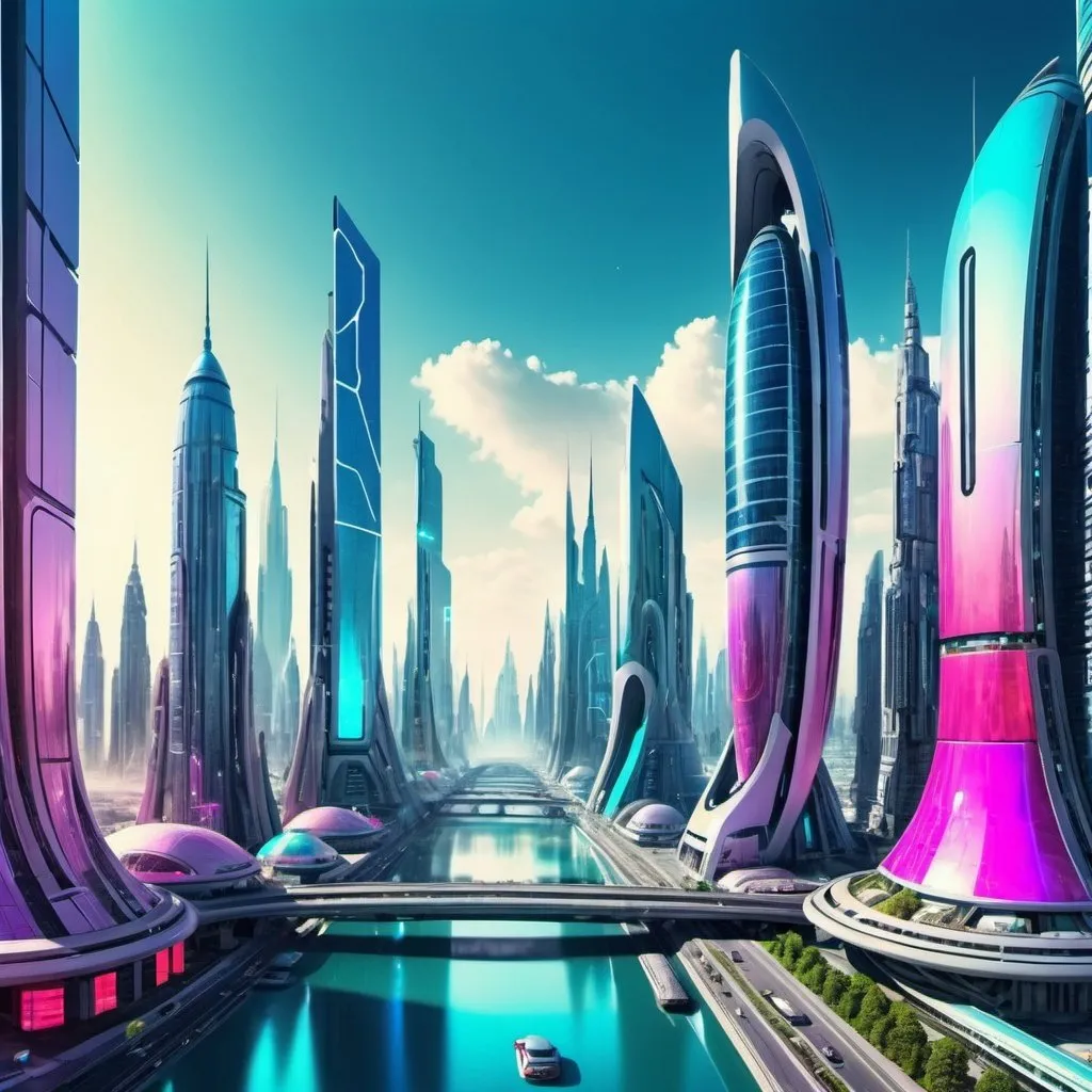 Prompt: futuristic city looking extremely fancy. Wide panorama view. make it look colourful and lively