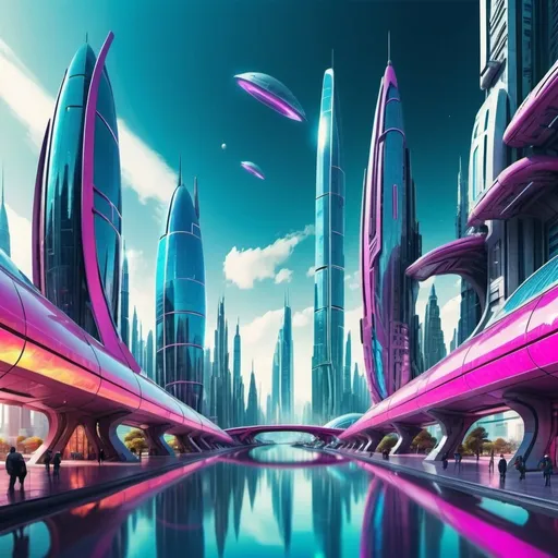 Prompt: futuristic city looking extremely fancy. Wide panorama view. make it look colourful and lively