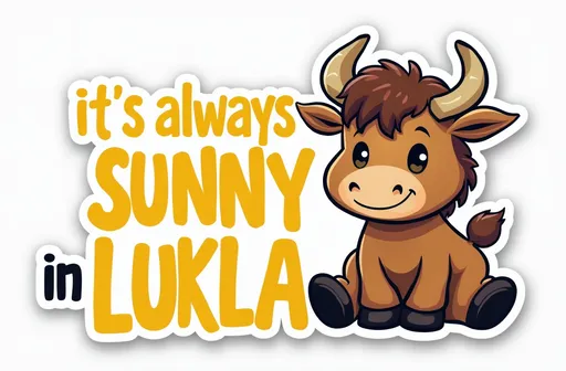 Prompt: Make a sticker that says “It’s always sunny in Lukla” that has a cartoon picture of a baby yak. Words should be two lines with the baby yak to the right. Words should be yellow. 