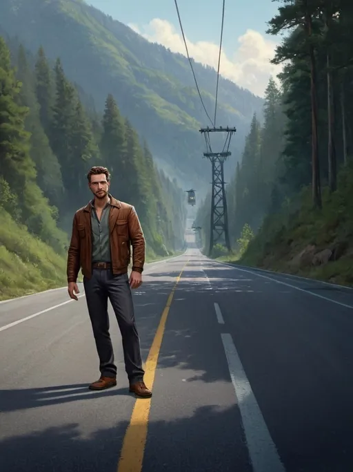 Prompt: Character portrait of a man, standing on the side of a road in the middle of the woods, Ella Guru aestheticism, detailed facial features, cable car in the background, professional illustration, high quality, realistic, detailed eyes, atmospheric lighting, natural color tones, scenic backdrop, character study, artistic rendering