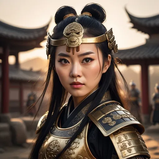 Prompt: Beautiful Chinese lady in samurai Armor, big eyes with long lashes, dust of a battlefield, cinematic, 4k high definition,