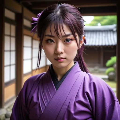 Prompt: Beautiful japanese ninja that looks like yui hatono, big eyes with long lashes, dressed in purple ninja suit, in the courtyard of a ancient japanese residence, sharpen facial features, enhance chest size, cinematic, 4k high definition,