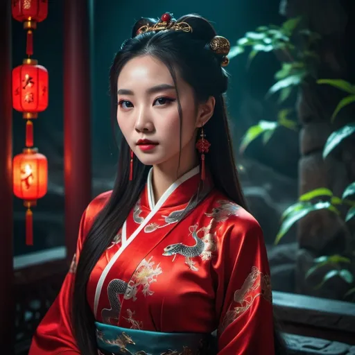 Prompt: Beautiful Chinese lady dressed like 美杜莎女王 of 斗破苍穹. Elegance, flawless sharp features, beautiful eyes, long smooth hair. Red cheongsam-like hanfu. Background in medusa's lair throne room. Cinematic, 4k high definition