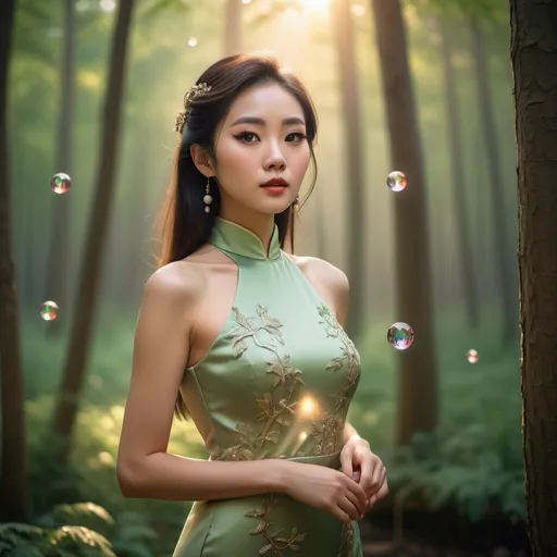 Prompt: Beautiful Chinese lady in cheongsam like attire, with slit towaist level. Big eye, long lashes, slightly blushing. Floating 5 colour crystal ball around her. Wood lands at dawn. Cinematic, 4k high definition