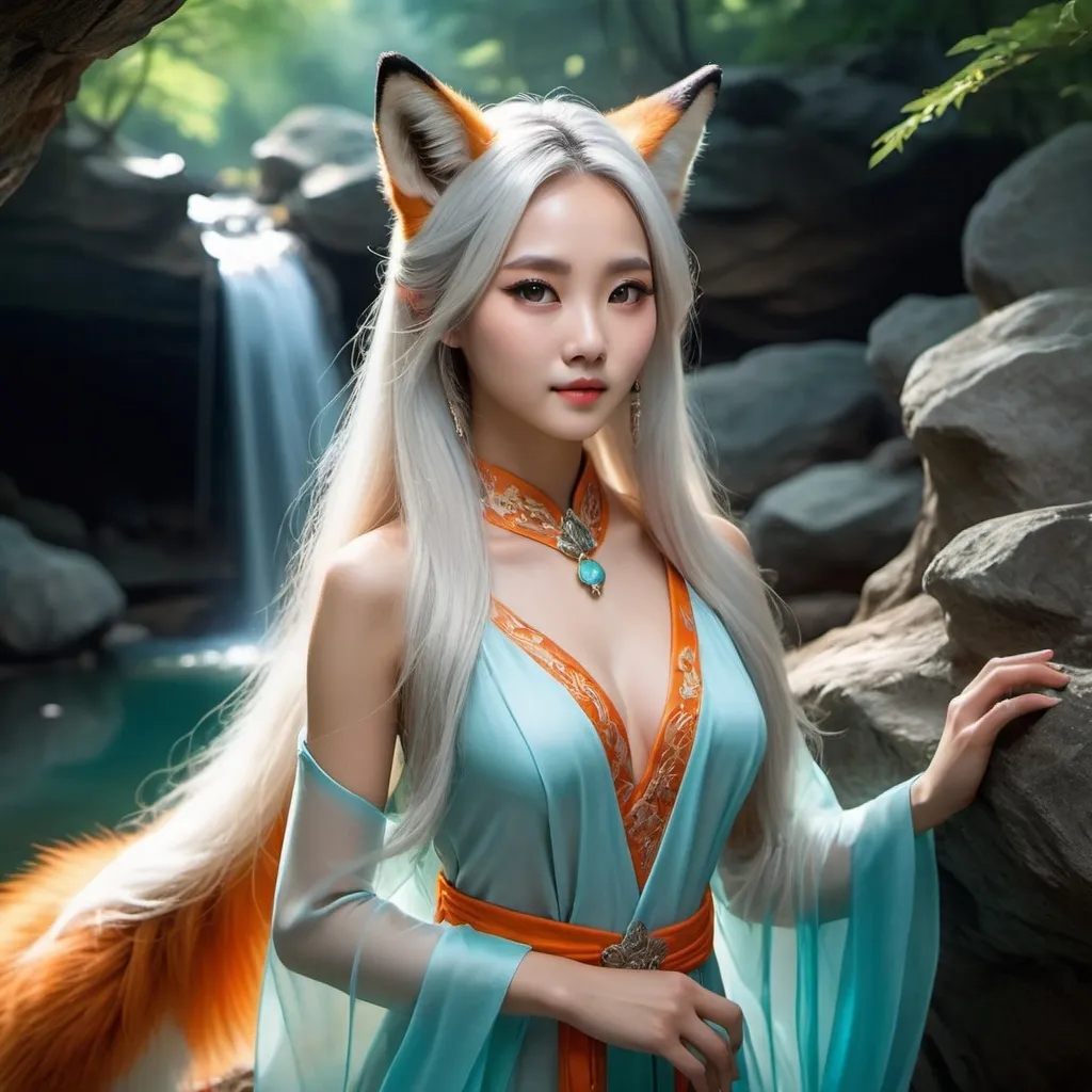 Prompt: She is an ancient Chinese beauty, combination between a fox and a human. She have beautiful brown-orange fox ears and tail. She have flawless face with big eyes and long lashes. Beautiful long white hair. Dress in translucent cyan gown. Chest size 38d. Background in a forest cavern with a waterfall and sunlight shinning through a crack. Realistic, cinematic. 4k high definition