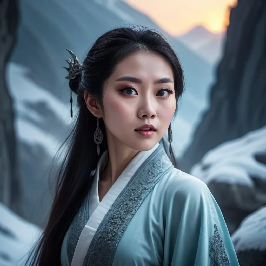 Prompt: Beautiful chiese lady with big eyes and long lashes. Wearing a sorceress robe with high slit. Cinematic, 4k high definition. Icy mountain at dust