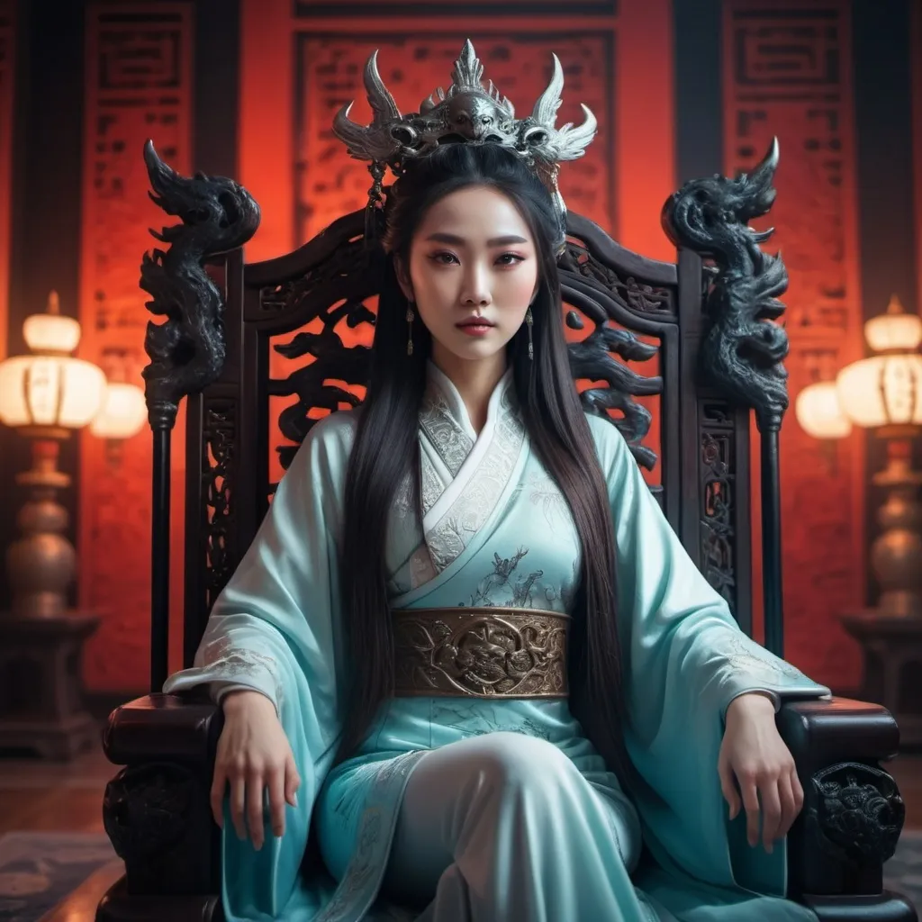 Prompt: Beautiful Chinese lady dressed like 美杜莎女王 of 斗破苍穹. Elegance, flawless sharp features, beautiful eyes, long smooth hair. Background in medusa's lair throne room. Cinematic, 4k high definition