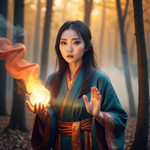 Prompt: Beautiful Chinese lady in wizard robe. Big eye, long lashes, slightly blushing. Conjuring fire ball spell. Wood lands at dawn. Cinematic, 4k high definition