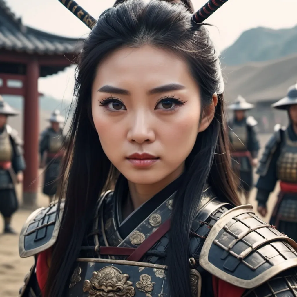 Prompt: Beautiful Chinese lady in samurai Armor, big eyes with long lashes, dust of a battlefield, cinematic, 4k high definition,