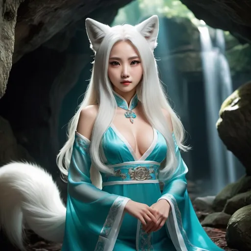 Prompt: She is an ancient Chinese beauty, combination between a fox and a human. She have beautiful white fox ears and tail. Make sure tail and ears are shown. She have flawless face with big eyes and long lashes. Beautiful long white hair. Dress in translucent cyan gown. Chest size 38d. She is on her fours ready to pounce on the enemy. Background in a forest cavern with a waterfall and sunlight shinning through a crack. Realistic, cinematic. 4k high definition