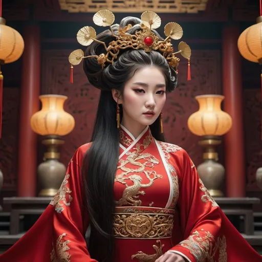 Prompt: Scene Description:

In a grand and opulent throne room reminiscent of Medusa's lair, the backdrop is filled with intricate golden and marble details. The atmosphere is dark yet richly adorned with ancient motifs and glowing accents.

Subject:

A beautiful Chinese lady stands with regal grace, embodying the elegance of a queen. She is dressed in a stunning red cheongsam-like hanfu that closely resembles the attire of Medusa's queenly depiction in the anime 斗破苍穹. The dress is exquisitely tailored, accentuating her alluring figure with flowing, smooth fabric that cascades elegantly to the floor.

Her long, smooth hair falls in luxurious waves down her back, and it is adorned with a delicate golden fan-shaped hair accessory that adds a touch of sophistication. The lady’s posture exudes confidence and authority, her gaze commanding and enchanting.

Background:

The throne room's design combines ancient grandeur with mythical elements, including ornate statues and rich textures. The throne itself is a masterpiece of design, echoing the luxurious and mystical ambiance of Medusa's lair.

Visual Style:

The image is captured in a cinematic 4K high-definition style, ensuring every detail is vivid and lifelike, from the intricate patterns on her hanfu to the rich textures of the throne room.