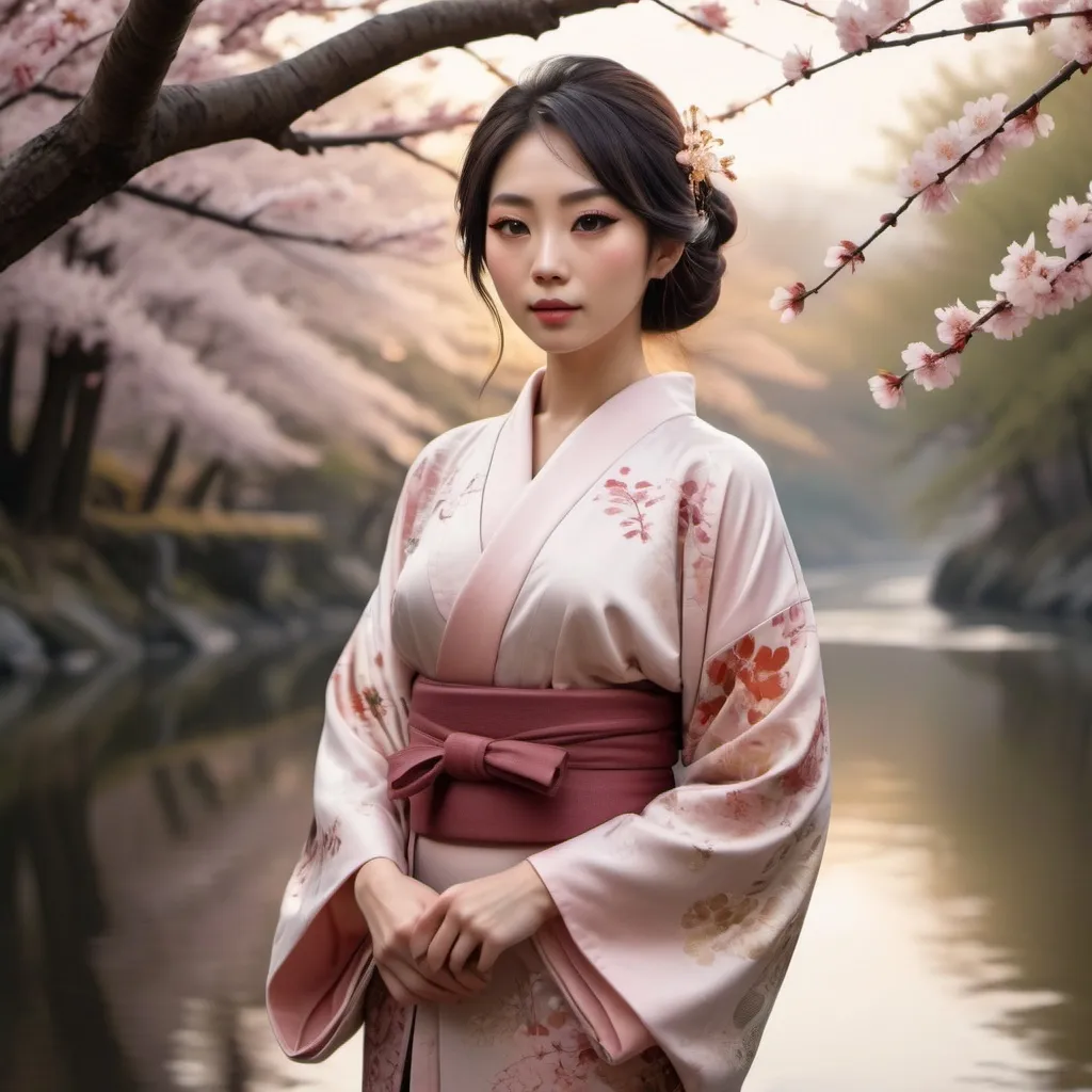 Prompt: Beautiful japanese lady with big eyes and long lashes. Body measurement 38D-24-36. Wear high cut kimono. Cinematic, 4k high definition. Along a river at dawn